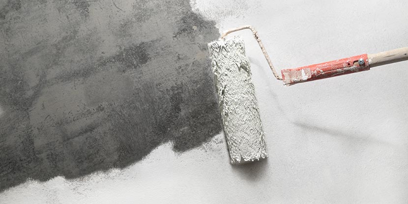 Wohnung streichen: Eine Farbrolle mit weißer Farbe, mit der eine graue Wand gestrichen wird.