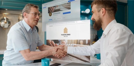 Zwei Männer schütteln Hände. Hintergrund: Stilisierte Facebook-Page und sich darüberlegend eine Website.