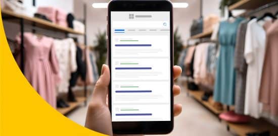 Das Bild zeigt ein Smartphone in einem Kleidungsgeschäft, das veranschaulicht, wie es ausschaut, wenn man bei Bing Unternehmen eintragen lässt.